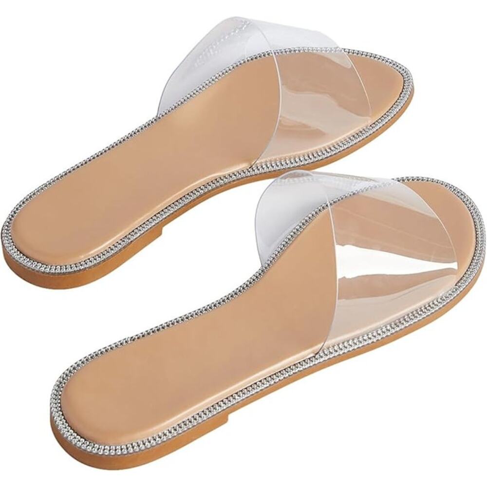 Rhinestone Clear Flat Sandals Open Toe Slide Sandals size